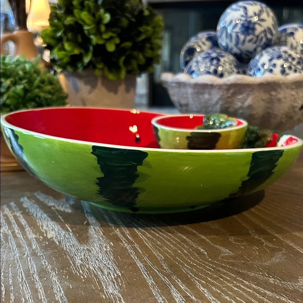 NEW! Ceramic Stoneware Vibrant Watermelon Chip & Dip Serving Fruit Bowl